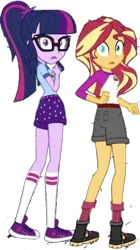 Size: 614x1098 | Tagged: safe, derpibooru import, editor:superbobiann, sci-twi, sunset shimmer, twilight sparkle, equestria girls, legend of everfree, ass, background removed, bunset shimmer, camp everfree outfits, clothes, converse, glasses, open mouth, shoes, shorts, simple background, sneakers, transparent background, twibutt