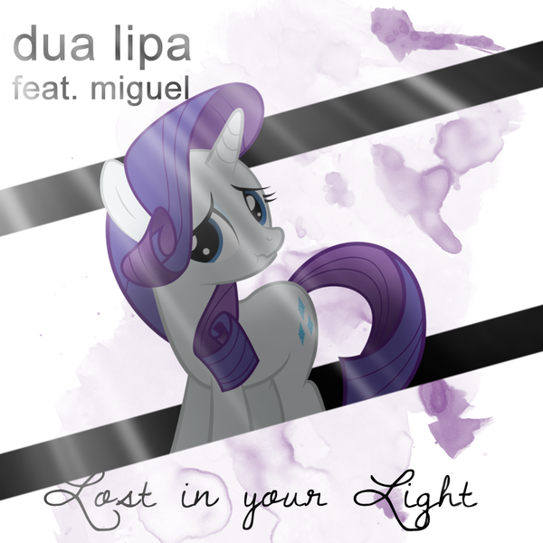 Size: 800x800 | Tagged: safe, artist:penguinsn1fan, artist:rubez2525, derpibooru import, rarity, pony, cover, dua lipa, lost in your light, parody, scrunchy face, solo