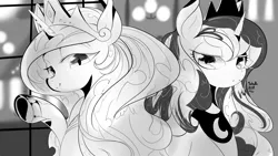 Size: 1920x1080 | Tagged: safe, artist:tohupo, derpibooru import, princess celestia, princess luna, alicorn, pony, crown, female, jewelry, looking at you, monochrome, regalia, royal sisters