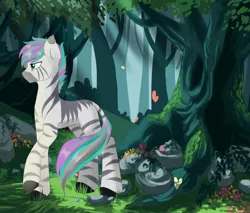 Size: 2000x1700 | Tagged: artist needed, butterfly, derpibooru import, female, forest, not celestia, oc, oc:unise, safe, solo, source needed, tree, unofficial characters only, zebra, zebra oc