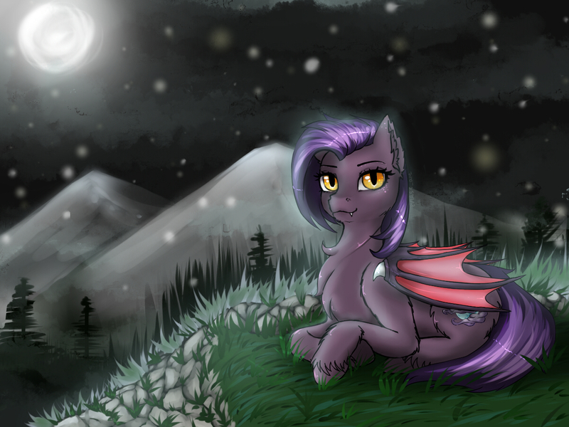 Size: 1200x900 | Tagged: safe, artist:evlass, derpibooru import, oc, oc:dawn sentry, unofficial characters only, bat pony, bat pony oc, commission, forest, moon, mountain, night, prone, unshorn fetlocks, ych result