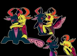 Size: 4590x3355 | Tagged: artist:declowffee, black background, blushing, brotherhood, brotherly love, brothers, bugcest, changedling, changedling brothers, changeling, cute, derpibooru import, eyes closed, gay, hug, incest, king thorax, male, pharybetes, pharynx, prince pharynx, safe, shipping, simple background, sitting, smiling, spread wings, thorabetes, thorax, thorynx, wings