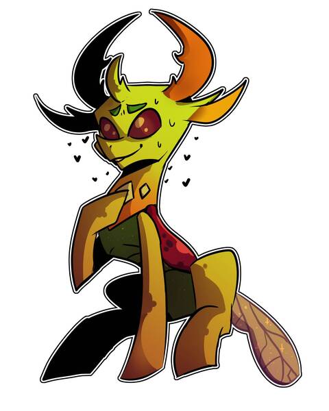 Size: 1280x1600 | Tagged: artist:declowffee, changedling, changeling, derpibooru import, heart, king thorax, male, safe, simple background, sitting, smiling, solo, sweat, thorax, white background