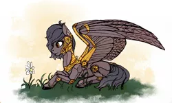 Size: 1280x768 | Tagged: safe, artist:nightskrill, derpibooru import, oc, unofficial characters only, pegasus, pony, flower, grass, lying, mechanized, prone, solo, spread wings, steampunk, wings