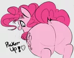 Size: 1404x1115 | Tagged: dead source, questionable, artist:aer0 zer0, artist:hattsy-nsfw, derpibooru import, pinkie pie, earth pony, pony, balloonbutt, collaboration, dialogue, dock, explicit source, female, heart, kiss my ass, looking at you, looking back, looking back at you, mare, plot, smiling, solo, solo female, the ass was fat