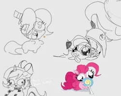 Size: 611x484 | Tagged: dead source, safe, artist:hattsy, derpibooru import, pinkie pie, oc, oc:hattsy, oc:lilith, oc:marshmallow, earth pony, pony, unicorn, candy, chibi, dialogue, eating, explicit source, faic, food, hat, heart, lollipop, on back, partial color, sitting, tail wrap, tongue out, top hat