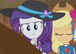 Size: 545x387 | Tagged: safe, derpibooru import, screencap, applejack, rarity, aww... baby turtles, equestria girls, equestria girls series, animated, cropped, cute, duo, female, gif, hat, jackabetes, looking at you, raribetes