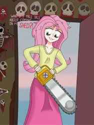 Size: 2736x3648 | Tagged: artist:morestar, breasts, chainsaw, clothes, dead, delicious flat chest, derpibooru import, female, flattershy, fluttershed, fluttershy, grimdark, high res, human, humanized, .mov, pony.mov, shed.mov, skirt, solo, sweater, sweatershy