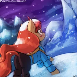 Size: 750x750 | Tagged: safe, artist:lumineko, derpibooru import, ponified, earth pony, pony, celeste, crossover, madeline, mountain, night, plot, smiling, snow, solo, video game