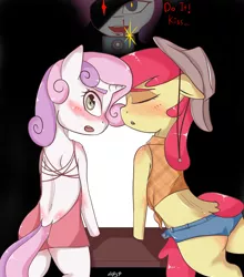Size: 1800x2050 | Tagged: anonymous artist, apple bloom, blood, bloom butt, blushing, butt, camera, clothes, cowboy hat, derpibooru import, dress, eyes closed, female, floppy ears, hat, imminent kissing, lesbian, nosebleed, now kiss, rarity, shipperity, shipper on deck, shipping, shorts, simple background, suggestive, sweetie belle, sweetiebloom, sweetie butt
