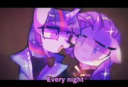 Size: 1334x905 | Tagged: safe, artist:jojofassbender, derpibooru import, rarity, twilight sparkle, unicorn, the count of monte rainbow, a story told, bowtie, caption, clothes, do not want, duo, female, glossy, jacket, lesbian, mare, rarilight, shipping, song reference, sparkles, subtitles, text, the count of monte cristo