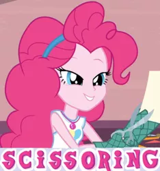 Size: 772x824 | Tagged: suggestive, derpibooru import, edit, edited screencap, screencap, pinkie pie, equestria girls, equestria girls series, pinkie sitting, caption, cropped, expand dong, exploitable meme, geode of sugar bombs, image macro, meme, oven mitts, scissors, solo