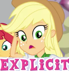 Size: 700x720 | Tagged: safe, derpibooru import, edit, edited screencap, screencap, applejack, sunset shimmer, equestria girls, caption, cropped, expand dong, exploitable meme, image macro, meme, meta:explicit, solo focus, wow! glimmer