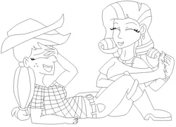 Size: 847x614 | Tagged: safe, artist:sabri2000, derpibooru import, applejack, rarity, human, barefoot, belt, boots, bracelet, clothes, collaboration, cute, ear piercing, earring, eyes closed, feet, female, fetish, foot fetish, humanized, jackabetes, jeans, jewelry, laughing, lesbian, lineart, monochrome, necklace, open mouth, pants, piercing, raribetes, rarijack, shipping, shoes, simple background, tickling, white background