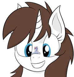 Size: 4608x4816 | Tagged: safe, artist:reconprobe, derpibooru import, oc, oc:flower star, oc:recon probe, unofficial characters only, earth pony, pony, unicorn, absurd resolution, duo, female, grin, macro, mare, micro, simple background, sitting, sitting on nose, smiling, transparent background