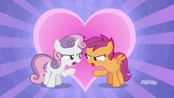 Size: 1920x1080 | Tagged: safe, derpibooru import, screencap, scootaloo, sweetie belle, pegasus, pony, unicorn, surf and/or turf, angry, argument, discovery family logo, duo, female, filly, heart, heart background, out of context, raised hoof, shipping fuel, your heart is in two places