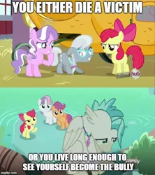 Size: 500x562 | Tagged: safe, derpibooru import, edit, edited screencap, screencap, apple bloom, diamond tiara, scootaloo, silver spoon, sweetie belle, terramar, earth pony, hippogriff, pegasus, pony, unicorn, one bad apple, surf and/or turf, caption, discovery family logo, female, filly, harvey dent, hub logo, incorrect meme use, male, meme, out of context, reference, the dark knight