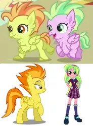 Size: 489x664 | Tagged: safe, derpibooru import, screencap, lemon zest, spitfire, classical hippogriff, hippogriff, pegasus, pony, equestria girls, surf and/or turf, background character, children, comparison, female, fledgeling, hmm, male, mare, raised hoof, similarities