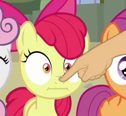 Size: 1159x1073 | Tagged: apple bloom, bad edit, boop, boop edit, cropped, derpibooru import, disembodied hand, edit, edited screencap, finger, hand, :i, safe, screencap, surf and/or turf