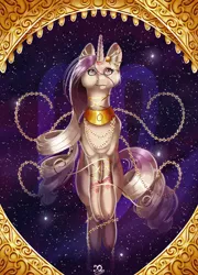 Size: 1000x1387 | Tagged: safe, artist:xaneas, derpibooru import, oc, oc:sumac spirit, unofficial characters only, pony, unicorn, chains, female, gold, solo, space, virgo, zodiac