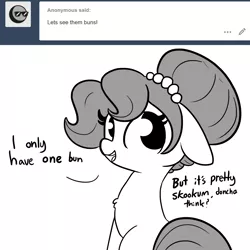 Size: 1650x1650 | Tagged: safe, artist:tjpones, derpibooru import, oc, oc:brownie bun, unofficial characters only, earth pony, pony, horse wife, ask, canadian, chest fluff, dialogue, female, floppy ears, grayscale, mare, monochrome, oblivious, slang, smiling, solo, tumblr