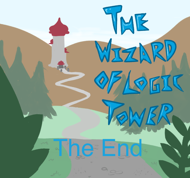 Size: 640x600 | Tagged: safe, artist:ficficponyfic, derpibooru import, cyoa:the wizard of logic tower, cyoa, end credits, ending, forest, mountain, simple background, stone road, story included, text, tower