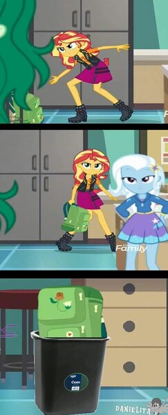 Size: 454x1119 | Tagged: safe, derpibooru import, edit, edited screencap, screencap, sunset shimmer, trixie, wallflower blush, equestria girls, equestria girls series, forgotten friendship, abuse, backpack, wallflowerbuse