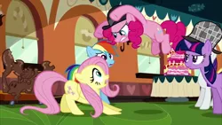 Size: 1280x720 | Tagged: cake, derpibooru import, fluttershy, food, marzipan mascarpone meringue madness, mmmystery on the friendship express, mousse moose, pinkie pie, rainbow dash, safe, screencap, twilight sparkle