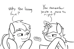 Size: 1227x817 | Tagged: 420, 4chan, anonymous artist, bad joke, derpibooru import, drawthread, drugs, duo, funny, high, inappropriate use of magic, joint, joke, lineart, marijuana, /mlp/, monochrome, pun, safe, simple background, why the long face