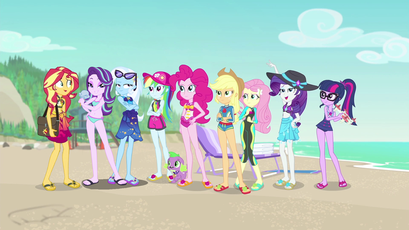 Size: 1920x1080 | Tagged: safe, artist:3d4d, artist:remcmaximus, derpibooru import, applejack, fluttershy, pinkie pie, rainbow dash, rarity, sci-twi, spike, spike the regular dog, starlight glimmer, sunset shimmer, trixie, twilight sparkle, dog, equestria girls, equestria girls series, forgotten friendship, beach, belly button, board shorts, clothes, feet, humane five, humane nine, humane seven, humane six, midriff, ocean, sand, sandals, shoulder bag, swimsuit, wetsuit