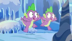 Size: 1280x720 | Tagged: safe, derpibooru import, screencap, spike, thorax, dragon, season 6, the times they are a changeling, cave, cavern, crystal, disguise, disguised changeling, duo, imitation, smiling, snow, tongue out, twins