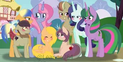 Size: 3428x1728 | Tagged: safe, artist:leanne264, derpibooru import, oc, oc:apple shine, oc:darkshy, oc:happy balloon, oc:magic spike, oc:melody crystal, oc:star dash, oc:sweet apple, oc:thunder apple, unofficial characters only, dracony, earth pony, hybrid, pegasus, pony, unicorn, female, interspecies offspring, magical lesbian spawn, male, mare, offspring, parent:applejack, parent:big macintosh, parent:caramel, parent:coloratura, parent:discord, parent:flash sentry, parent:fluttershy, parent:pinkie pie, parent:pokey pierce, parent:quibble pants, parent:rarity, parent:spike, parent:starlight glimmer, parent:twilight sparkle, parents:discoshy, parents:flashjack, parents:fluttermac, parents:glimmel, parents:pokeypie, parents:rarararara, parents:twispike
