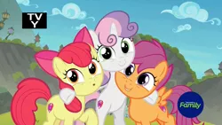 Size: 1920x1080 | Tagged: safe, derpibooru import, screencap, apple bloom, scootaloo, sweetie belle, earth pony, pegasus, pony, unicorn, surf and/or turf, :o, adorabloom, bipedal, bipedal leaning, cute, cutealoo, cutie mark crusaders, diasweetes, discovery family logo, female, filly, group hug, happy, hnnng, hug, leaning, looking at you, mount aris, open mouth, raised hoof, smiling, trio, trio female, wide eyes