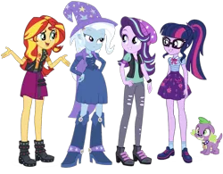 Size: 1624x1269 | Tagged: safe, derpibooru import, editor:superbobiann, sci-twi, spike, spike the regular dog, starlight glimmer, sunset shimmer, trixie, twilight sparkle, dog, equestria girls, equestria girls series, mirror magic, spoiler:eqg specials, beanie, cape, clothes, counterparts, fall formal outfits, geode of empathy, geode of telekinesis, glasses, hat, open mouth, simple background, transparent background, trixie's cape, trixie's hat, twilight's counterparts, vest