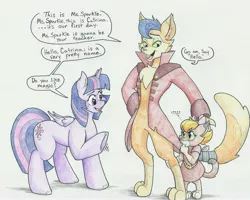 Size: 5921x4743 | Tagged: safe, artist:flicker-show, derpibooru import, capper dapperpaws, catrina, twilight sparkle, twilight sparkle (alicorn), abyssinian, alicorn, anthro, cat, digitigrade anthro, pony, my little pony: the movie, absurd resolution, anthro with ponies, clothes, coat, colored pencil drawing, female, g1, g1 to g4, generation leap, implied time travel, kitten, male, mare, simple background, smiling, this will not end well, traditional art, trio, uncle and niece, white background