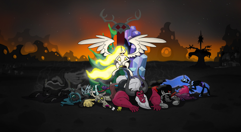 Size: 4960x2718 | Tagged: semi-grimdark, artist:banebuster, derpibooru import, daybreaker, discord, fizzlepop berrytwist, king sombra, lord tirek, nightmare moon, pony of shadows, queen chrysalis, tempest shadow, alicorn, centaur, changeling, changeling queen, draconequus, pony, unicorn, my little pony: the movie, spoiler:s08, abuse, antagonist, apocalyptic, armor, ash, backing away, bad end, badass, beaten up, burned, chrysabuse, chrysalis' throne, cloud, cowering, curb stomp, dark, dark clouds, dawn, debris, defeat, defeated, desert, destruction, discord's throne, discordabuse, end of equestria, end of the world, ethereal mane, evil, fear, female, fire, hole, holes, horizon, implied genocide, male, mane of fire, mare, molten, morning, mountain, mountain range, nudity, pile, post-apocalyptic, power, ruins, school of friendship, scorched, scorched earth, shadowbuse, sitting, smoke, sombra's throne, sombrabuse, spread wings, stallion, tempestbuse, throne, tirekabuse, twilight's castle, tyrant celestia, wasteland, wings