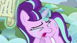 Size: 1280x720 | Tagged: cloud, crying, derpibooru import, glowing horn, magic, magic aura, s5 starlight, safe, screencap, scroll, starlight glimmer, tears of anger, telekinesis, the cutie re-mark, villainous breakdown