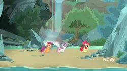 Size: 1920x1080 | Tagged: safe, derpibooru import, screencap, apple bloom, scootaloo, sweetie belle, earth pony, pegasus, pony, unicorn, surf and/or turf, beach, cutie mark crusaders, female, filly, mount aris, rock, tree, trio, waterfall