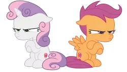 Size: 5333x3000 | Tagged: safe, artist:besttubahorse, derpibooru import, scootaloo, sweetie belle, unicorn, surf and/or turf, .svg available, crossed hooves, cute, duo, duo female, female, filly, grumpaloo, grumpy, grumpy belle, madorable, simple background, sitting, svg, transparent background, vector