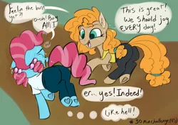 Size: 2760x1940 | Tagged: safe, artist:veesocks, derpibooru import, cup cake, pear butter, earth pony, pony, 30 minute art challenge, best friends, chiffon swirl, clothes, cute, dialogue, duo, exercise, female, frog (hoof), jogging, mare, pants, running, speech bubble, sweat, thought bubble, underhoof, yoga pants