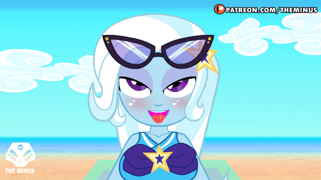 Size: 640x360 | Tagged: questionable, artist:theminus, derpibooru import, trixie, equestria girls, ahegao, animated, beach, blushing, bouncing, bouncing breasts, breasts, busty trixie, clothes, cropped, female, glasses, open mouth, patreon, patreon logo, sex on the beach, solo, summer, swimsuit, tongue out