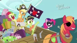 Size: 1280x720 | Tagged: safe, derpibooru import, screencap, apple bloom, applejack, big macintosh, granny smith, pinkie pie, earth pony, pony, pinkie apple pie, apple family, apples to the core, bicorne, eyepatch, female, filly, flag, hat, male, mare, singing, smiling, stallion, wagon