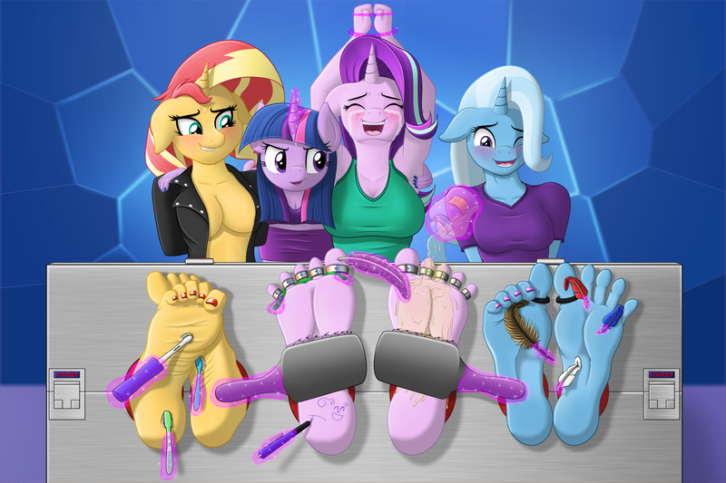 Size: 3000x2000 | Tagged: questionable, artist:tklninja, derpibooru import, starlight glimmer, sunset shimmer, trixie, twilight sparkle, anthro, plantigrade anthro, armpits, blushing, bondage, breasts, brush, crying, electric toothbrush, eyes closed, feather, feet, femsub, fetish, floppy ears, foot fetish, image, laughing, lip bite, lotion, magic, one eye closed, open mouth, pen, png, soles, stocks, sublight glimmer, submissive, subset, tears of laughter, telekinesis, the weak and powerless trixie, tickle torture, tickling, toe rings, toe tied, toes, toothbrush, trixsub