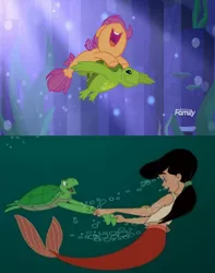 Size: 524x666 | Tagged: comparison, derpibooru import, female, mermaid, reference, safe, scootaloo, screencap, sea-mcs, seapony scootaloo, sea turtle, surf and/or turf, the little mermaid, the little mermaid 2: return to the sea, turtle