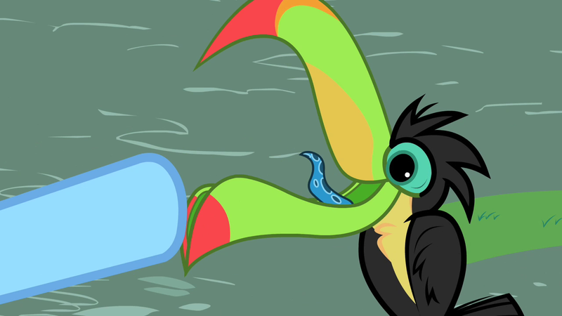 Size: 1280x720 | Tagged: safe, derpibooru import, screencap, bird, keel-billed toucan, pegasus, pony, toucan, may the best pet win, animal, cute, female, happy, hooves, mare, open beak, open mouth, pointing, smiling, solo focus, tongue out, wing fluff