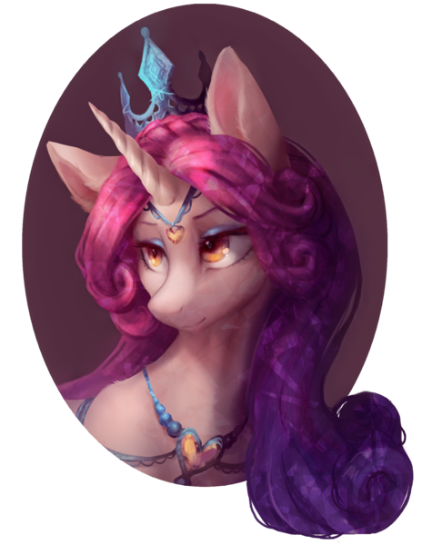 Size: 1300x1604 | Tagged: safe, artist:orchidpony, derpibooru import, princess amore, pony, unicorn, beautiful, bust, female, jewelry, mare, portrait, regalia, simple background, smiling, solo, transparent background