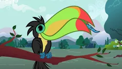 Size: 1280x720 | Tagged: safe, derpibooru import, screencap, bird, keel-billed toucan, toucan, may the best pet win, animal, no pony, perching, smiling, solo, tongue out, tree branch