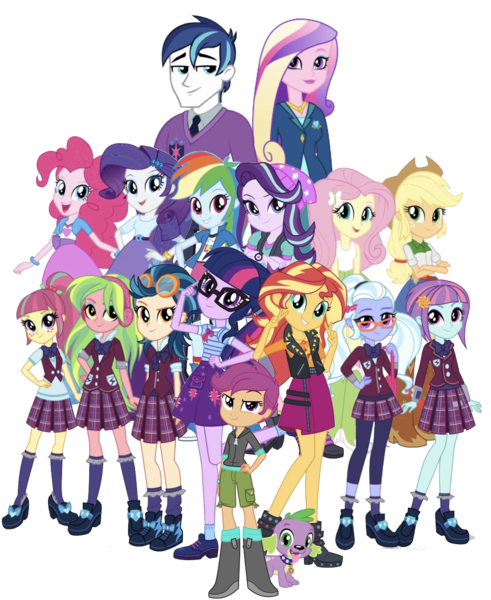 Size: 1257x1536 | Tagged: safe, derpibooru import, editor:superbobiann, applejack, fluttershy, indigo zap, lemon zest, pinkie pie, princess cadance, rainbow dash, rarity, sci-twi, scootaloo, shining armor, sour sweet, spike, spike the regular dog, starlight glimmer, sugarcoat, sunny flare, sunset shimmer, twilight sparkle, dog, equestria girls, equestria girls series, friendship games, mirror magic, alumnus shining armor, dean cadance, humane five, humane seven, humane six, shadow five, simple background, transparent background