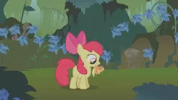 Size: 1280x720 | Tagged: safe, derpibooru import, screencap, apple bloom, applejack, pony, bridle gossip, appletini, duo, everfree forest, female, filly, mare, micro, mouth hold, poison joke, sisters