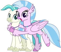 Size: 3700x3200 | Tagged: artist:cheezedoodle96, brother and sister, classical hippogriff, cute, derpibooru import, diastreamies, duo, female, happy, hippogriff, hug, looking at you, male, raised hoof, safe, school daze, siblings, silverstream, simple background, smiling, surf and/or turf, svg, .svg available, terrabetes, terramar, transparent background, vector